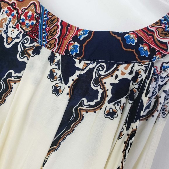 Women's Ivory Blue Indian Paisley Sleeveless Tie Neck Knee Length Sheath Dress - Picture 9 of 10